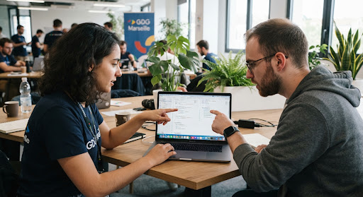 Deux participants échangent autour d'un ordinateur lors d'un atelier