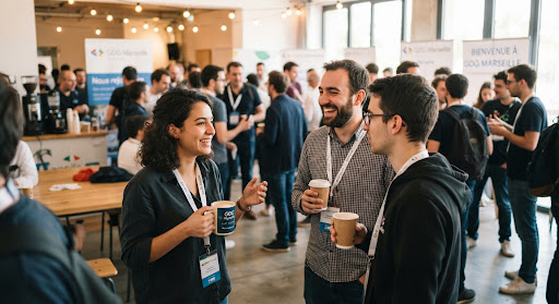 Échanges entre participants lors d'un événement tech